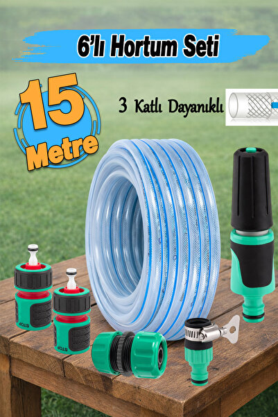 Badem10 (15 Metre) Şeffaf Üç Katlı Sağlam 6'lı Bağlantı Adaptör Seti Bahçe Ho...