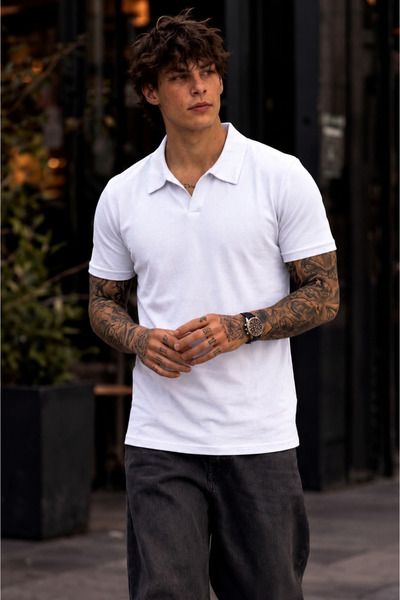 COMBİNE MİCHAİL Men's 100% Cotton White Polo Neck T-Shirt