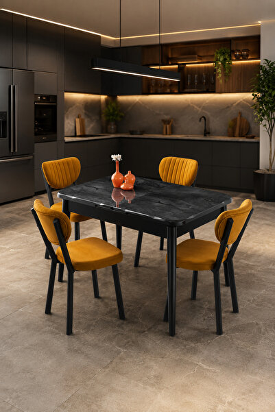 Atolye Casa 80x130 MDF Mutfak Masası (Sadece Masa) Siyah Mermer Görünümlü Par...