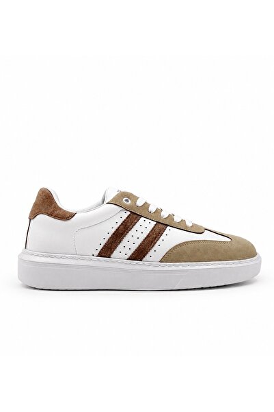 Premium Bej-Beyaz Erkek Sneaker – Suni Deri & Süet, Beyaz EVA Taban