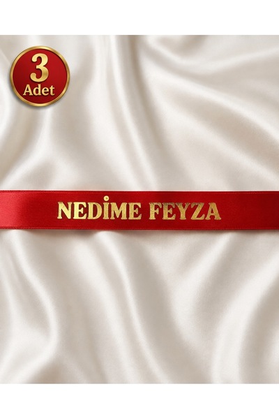 EvremStore 3 Adet Kişiye Özel Nedime Kurdelesi - Kırmızı Üzeri Gold 50x3 cm