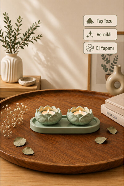 Aksesuar Kuşu Tepsili 2’li Lotus Mumluk Seti Tealight Mumluk Dekoratif Masa O...