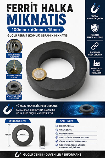 Dünya Magnet 100x60x15 mm Ferrit Halka Mıknatıs Güçlü Kömür Seramik Magnet En...