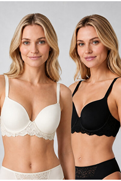 Pierre Cardin Economic Pack of 2 Black - Ecru 6807 Kansas Lace Micro Satin Br...