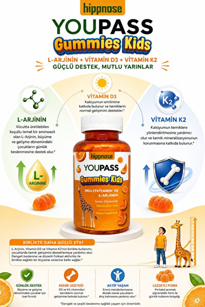 Hippnose Youpass Gummies Kids Çocuklar İçin Multivitamin ve L-Arjinin İçeren 60 Adet Çiğnene Bilir Takviye