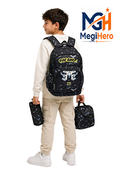 MegiHero Karakter Desenli İlk Okul Çantası Erkek Çocuk İlkokul Çantası Siyah