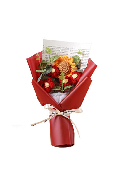 Choice Red Artificial Flower Crochet Bouquet Handmade Anniversary Sunflower D...