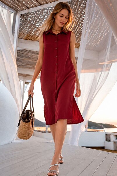 armonika Women's Burgundy Collared Buttoned Dress Arm-17Y00028