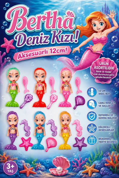 craftivio Aksesuarlı Deniz Kızı Oyuncak Bebek 12 cm Renkli Saçlı Kız Çocuk Oy...