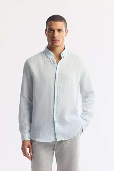 Avva Men's Light Blue Button down Collar 100% Linen Comfort Fit Shirt B002191