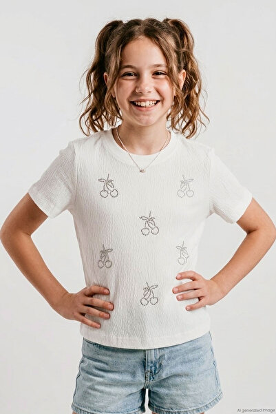Breeze Girl's Short Sleeve T-Shirt with Stone Cherry Print, Ages 8-14, Ecru