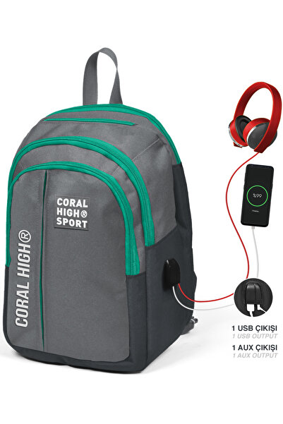 Coral High Sport Açık Gri Üç Bölmeli Usb Şarjlı Kulaklık Çıkışlı Sırt Çantası