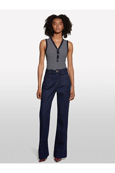 Sisley Pamuk Karışımlı Önü Yama Cepli Bol Paça Denim Pantolon Kadın Mavi Pant...