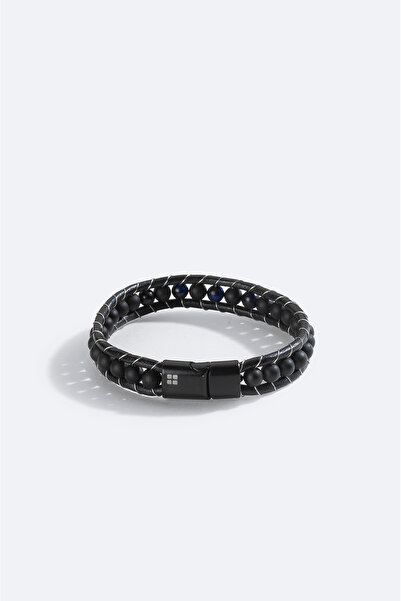 Avva Men's Black 100% Leather Ceyt and Onyx Stone Leather Bracelet A51Y9619