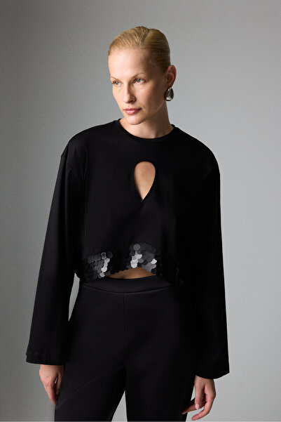 Roman Etek Ucu Payetli Dekolteli Crop Bluz Siyah K2623835_001