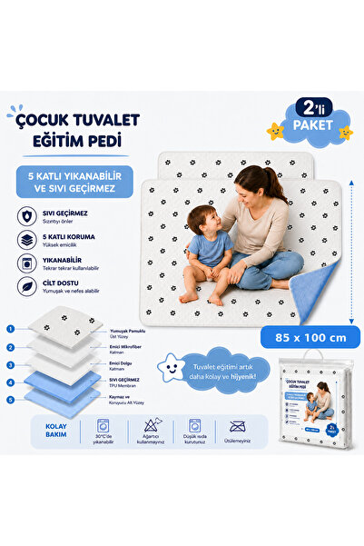 CDE Desenli Çocuk Tuvalet Eğitim Pedi 85x100 cm (2 li paket) 5 Katlı Yıkanabi...
