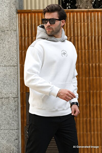 Madmext Ecru Hooded Color Blocked Embroidery Detailed Men's Sweatshirt 7088
