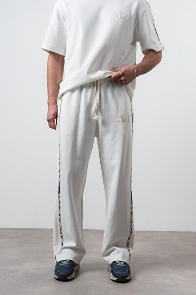 Respire Men's No1 Stripe Detailed Baggy Sweatpants Ecru