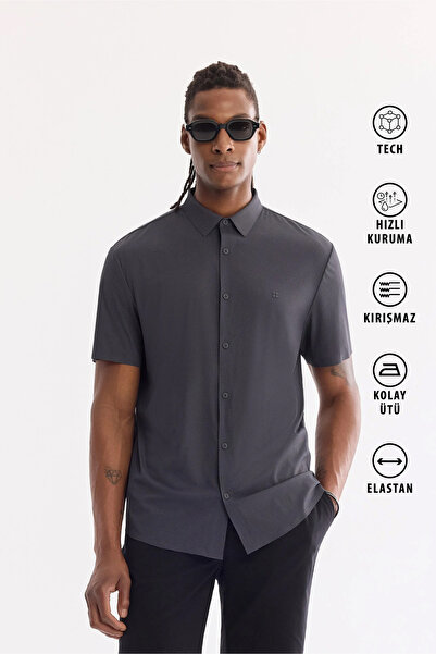 Avva Men's Anthracite Classic Collar Easy-Iron Wrinkle-Resistant Technical Fa...