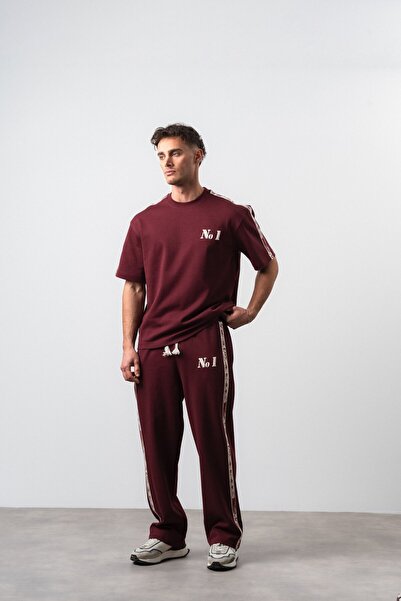 Respire Men's No1 Stripe Detailed Regular Fit T-Shirt Trousers Set Burgundy