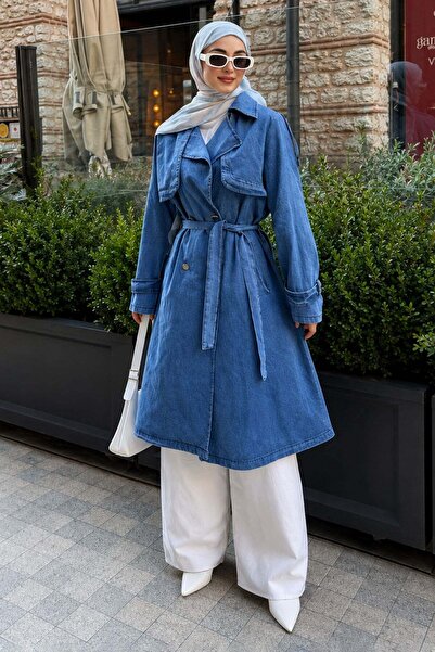 Missvalle Belt Detailed Denim Trench Coat Light Blue 19320