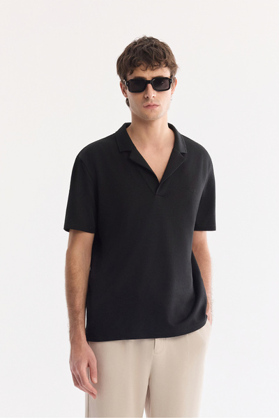Avva Men's Black Apaj Collar Easy-Iron Comfort Fit T-Shirt A61Y1013