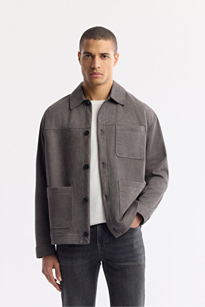 Avva Men's Anthracite Classic Collar Suede Textured Regular Fit Shirt Jacket ...
