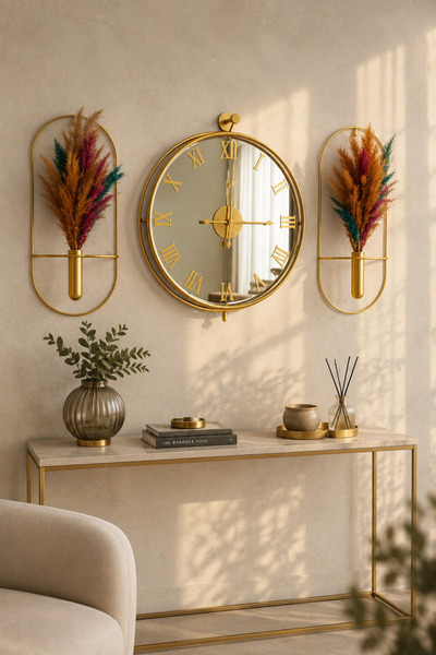 Mgs DUVAR SAATİ TİNATTİ GOLD 3LÜ SET DUVAR SAATİ ÇİÇEKLİK NOT: PAMPASLAR DAHİ...