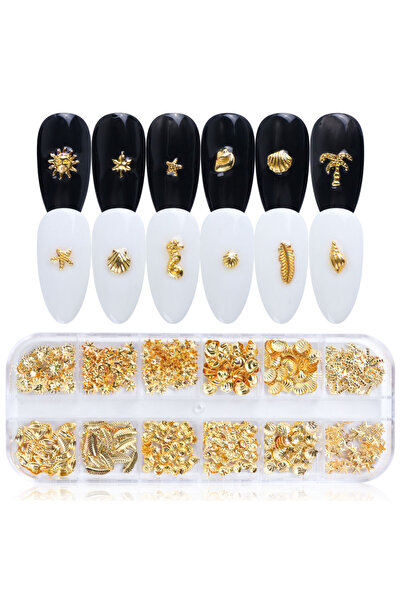 Choice 772-25 12 Grids Gold Nail Art Alloy Studs Seaside 3D Decorations Sea S...