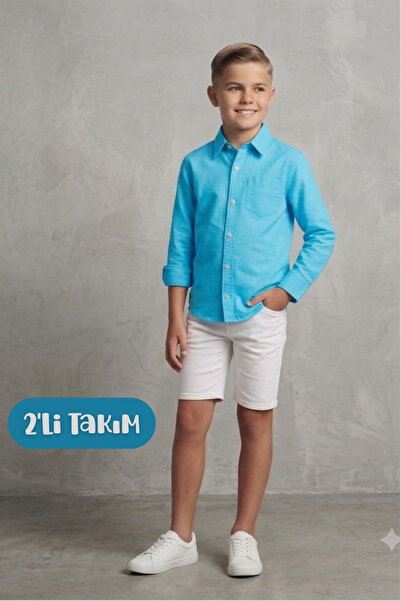 Hilal Akıncı Kids Boy's Combination Colorful Shirt White Shorts 2-Piece Set