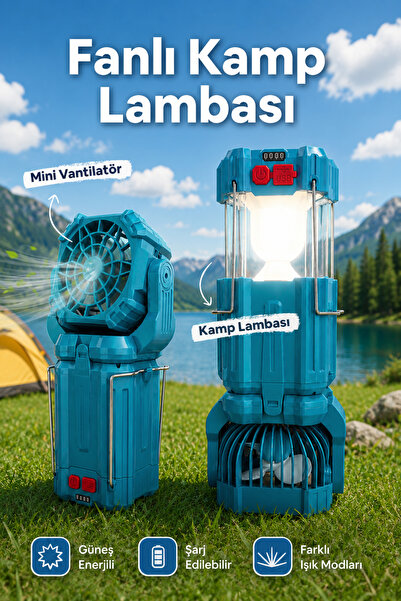 Badem10 Şarjlı Fanlı Güneş Enerjili Turkuaz Çok Fonksiyonlu Kamp Lambası Lamb...