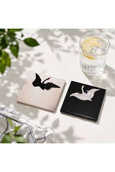 Anadolia Black and White Swans 2-Piece Ceramic Coasters
