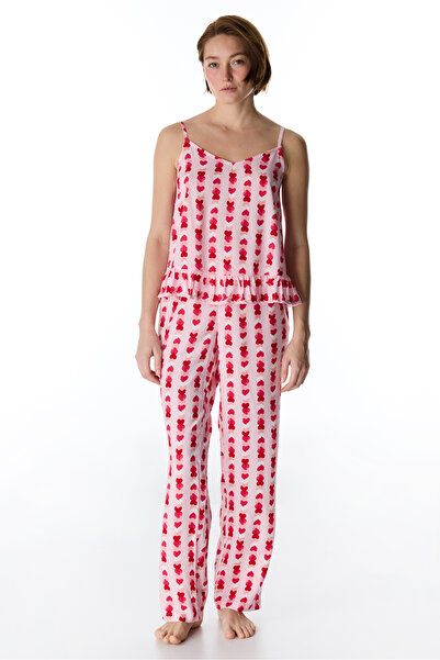 Penti Light Pink Carrie Heart Patterned Ruffle Pants Pajama Set