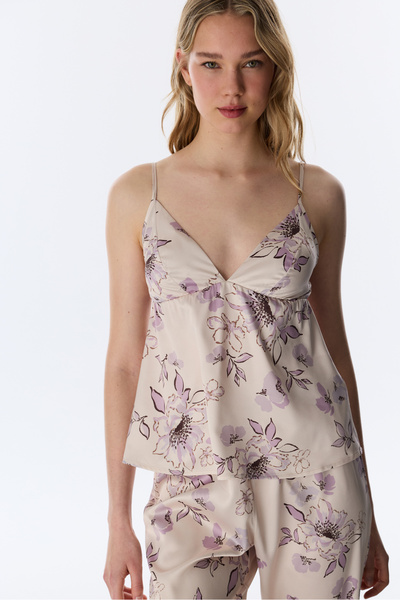 Penti Pastel Beige Petal Satin Floral Athlete Pajama Top