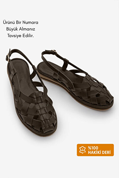 Marjin Women's Genuine Leather Striped Back-Strap Casual Sandals Zagolin Brown
