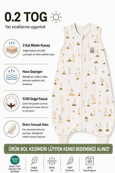 Sarebaby 0.2 Tog Muslin Baby Sleeping Bag 100% Natural Two Layer Muslin Thin Fabric