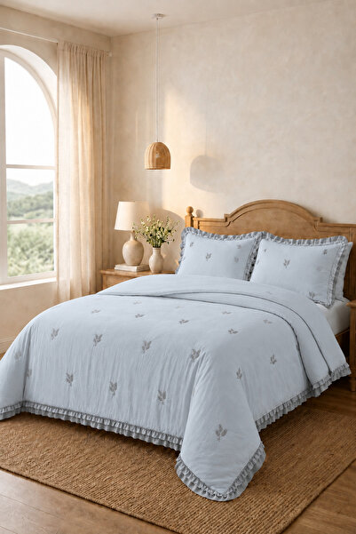 Çeyiz Diyarı Bigo Embroidered Ruffled Double Bedspread Gray