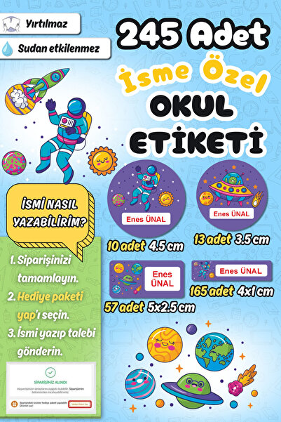 Sticker Ekspres Okul Etiketi Uzay Temalı 1 Kalem Defter Etiketi Özel İsim Yaz...
