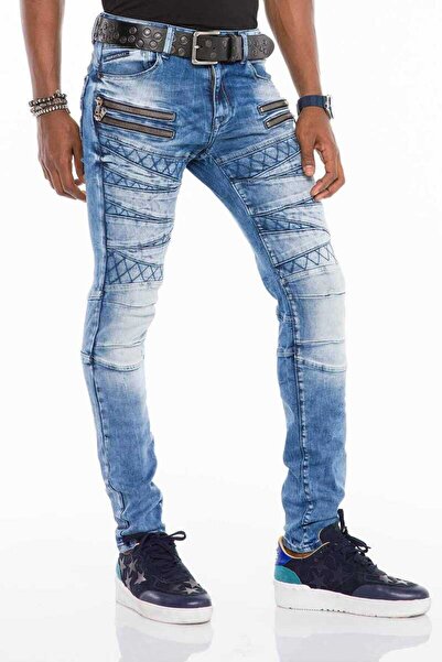 Cipo&Baxx Cd505 patterned stitched skinny fit blue men's jean pants