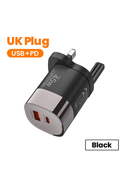 choice2 Black UK 45W USB Charger Fast Charging 2 Ports USB PD Charger Quick C...