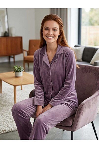 Asel Women's Velvet Pajama Set with Buttons