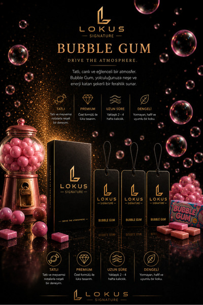 LOKUS Signature Bubble Gum 3 Adet Araç Kokusu | Premium Oto Kokusu, Uzun Süre Kalıcı Asma Araç Parfümü