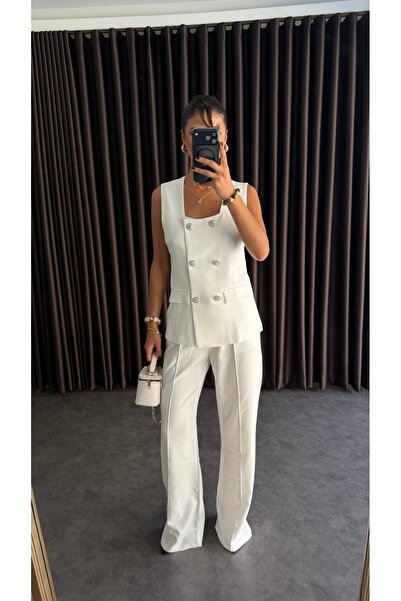 ZF BUTİK White Square Collar Vest Trousers Set Slim Fit