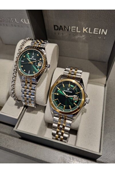 Daniel Klein Sarı Çelik Bilezik  Yeşil kadran Sevgili Kol Saati 2 li