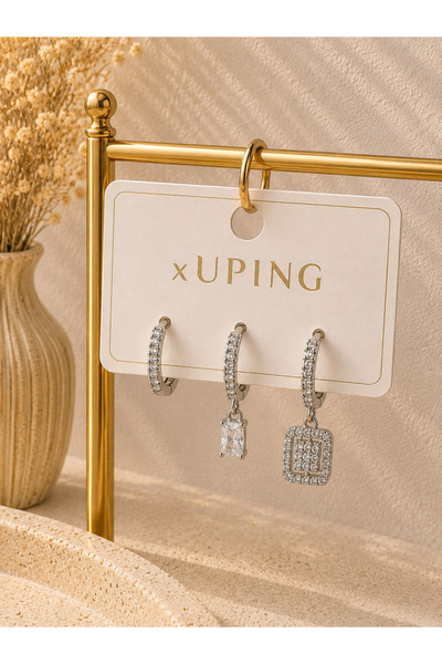 JEWELERY Shine Jewellery Silver Kare & Baget Taş Detaylı 3’lü Küpe Seti – Kar...