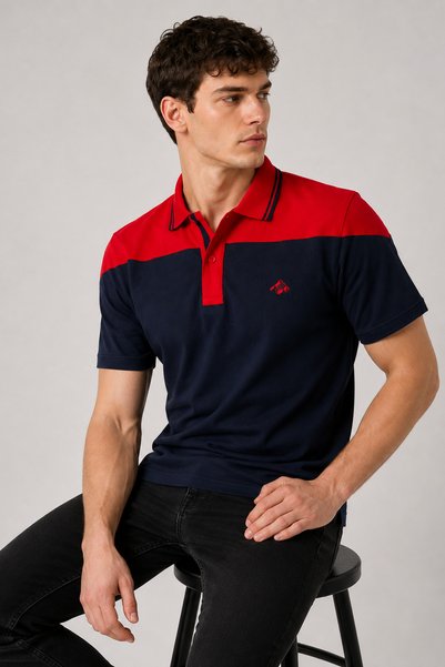 Mesh 100% Cotton Men's Polo Collar T-shirt, Colorful Striped Short Sleeve Split Model, Mountain Logo Design