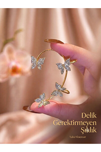 Aksesdunya Kelebek Luxury Taşlı Gold Kıkırdak Earcuff Küpe Tekli