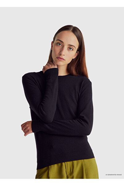 United Colors of Benetton Women's black 100% merino crewneck sweater