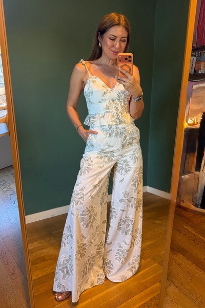 Aurélie Boncuk askılı peplum bluz - pantolon takım