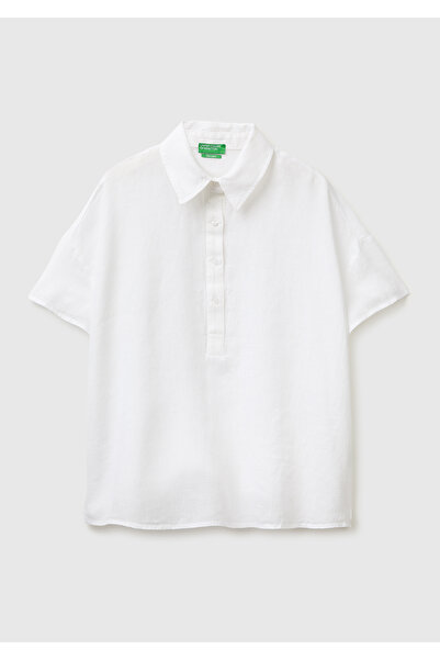 United Colors of Benetton Women's white 100% linen off shoulder polo collar s...